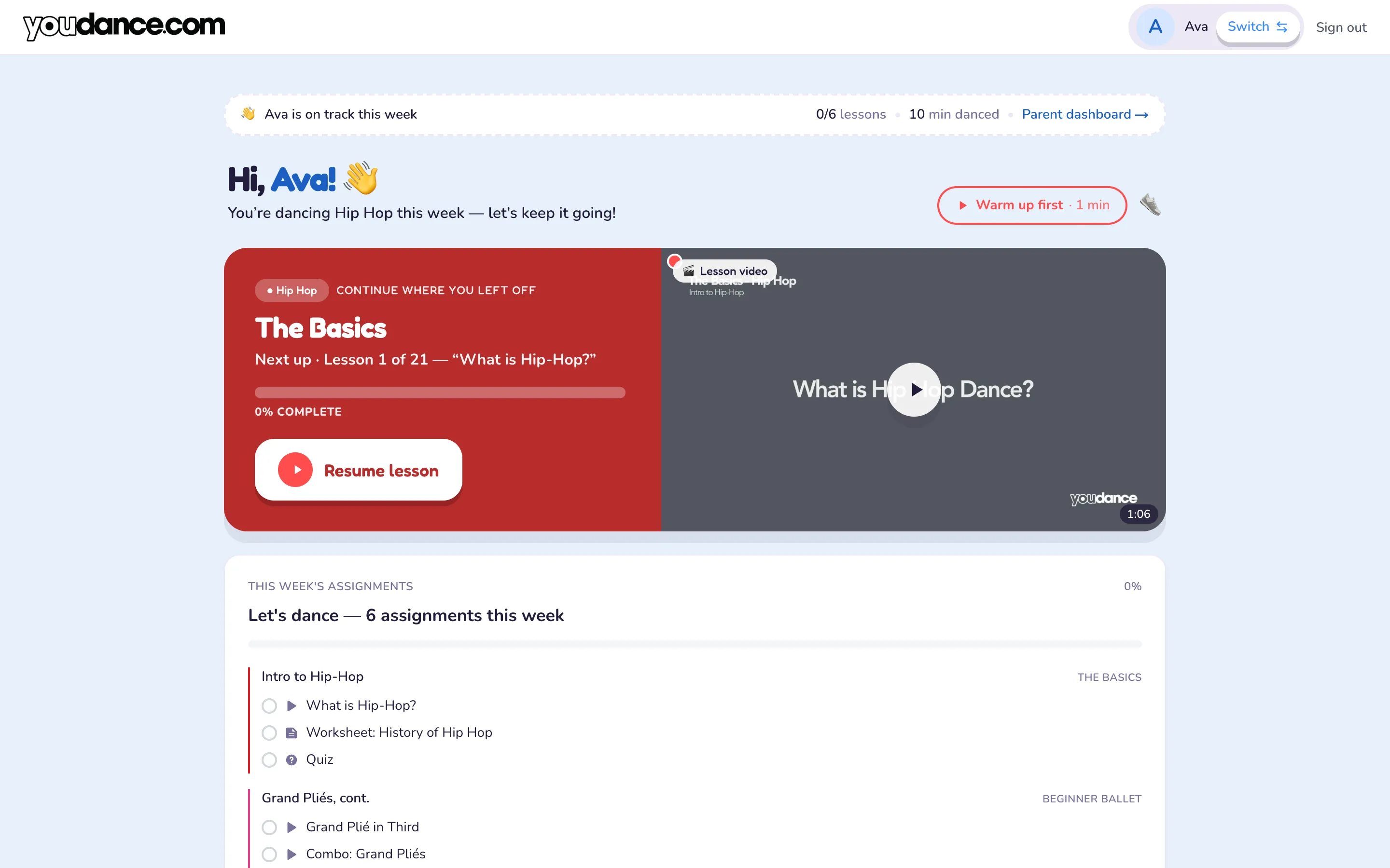 YouDance student dashboard showing weekly assignments and a resume-lesson button